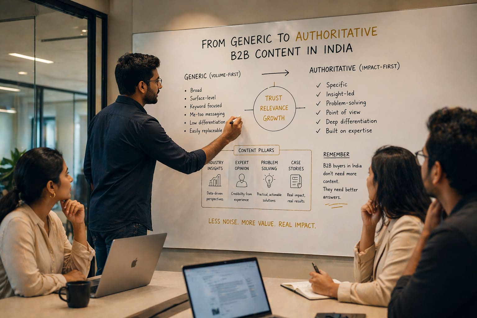 A B2B marketing team reviewing content strategy on a whiteboard — representing the shift from generic to authoritative B2B content in India