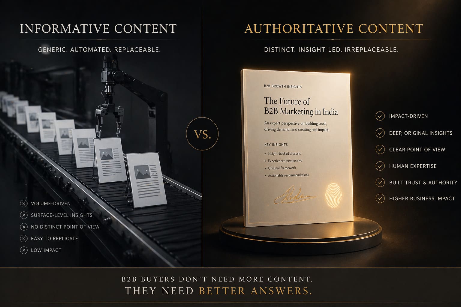 A visual comparison between generic informative B2B content and authoritative B2B content with a clear point of view