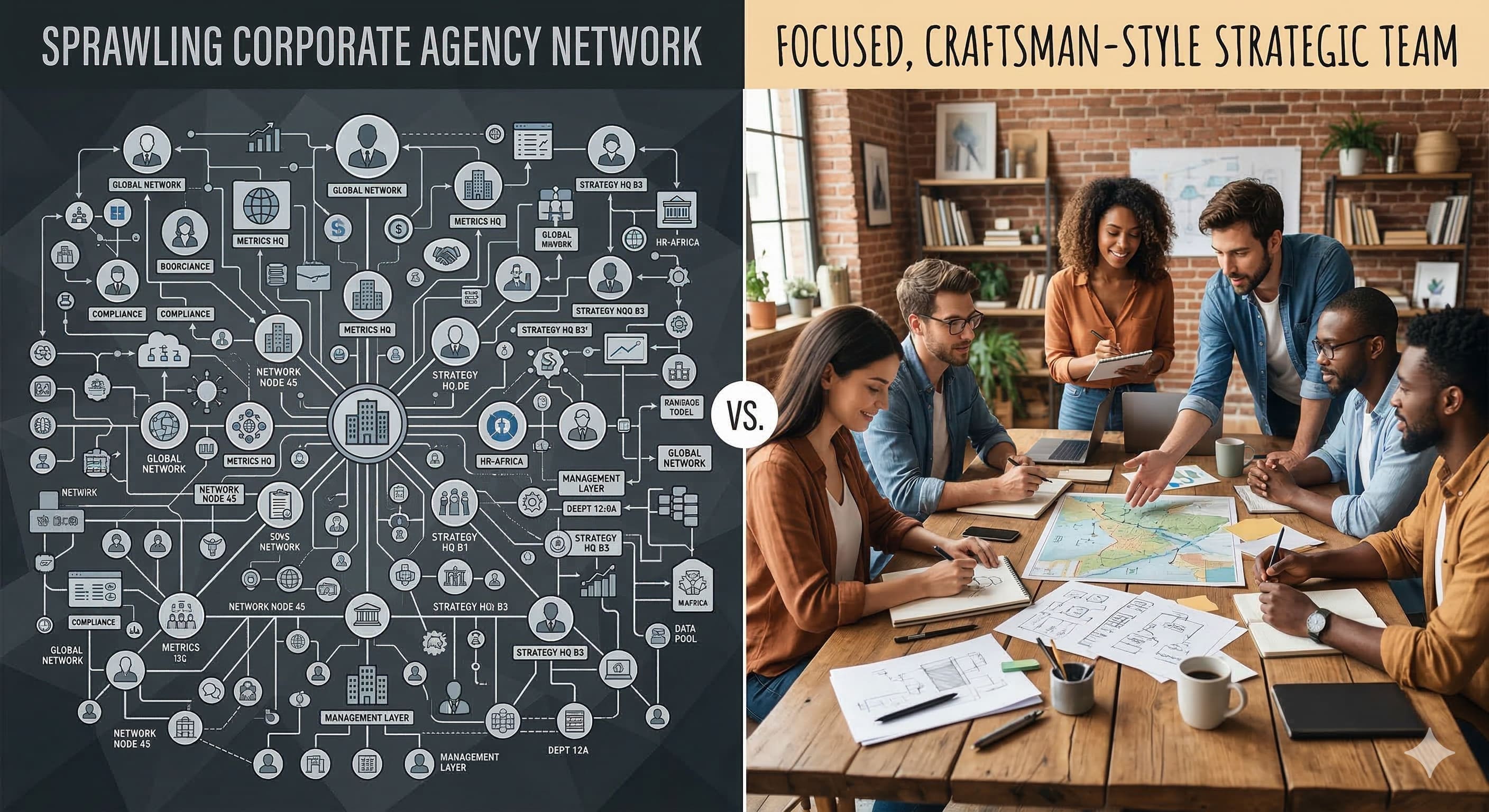 A contrast graphic between a sprawling corporate agency network and a focused craftsman-style strategic team
