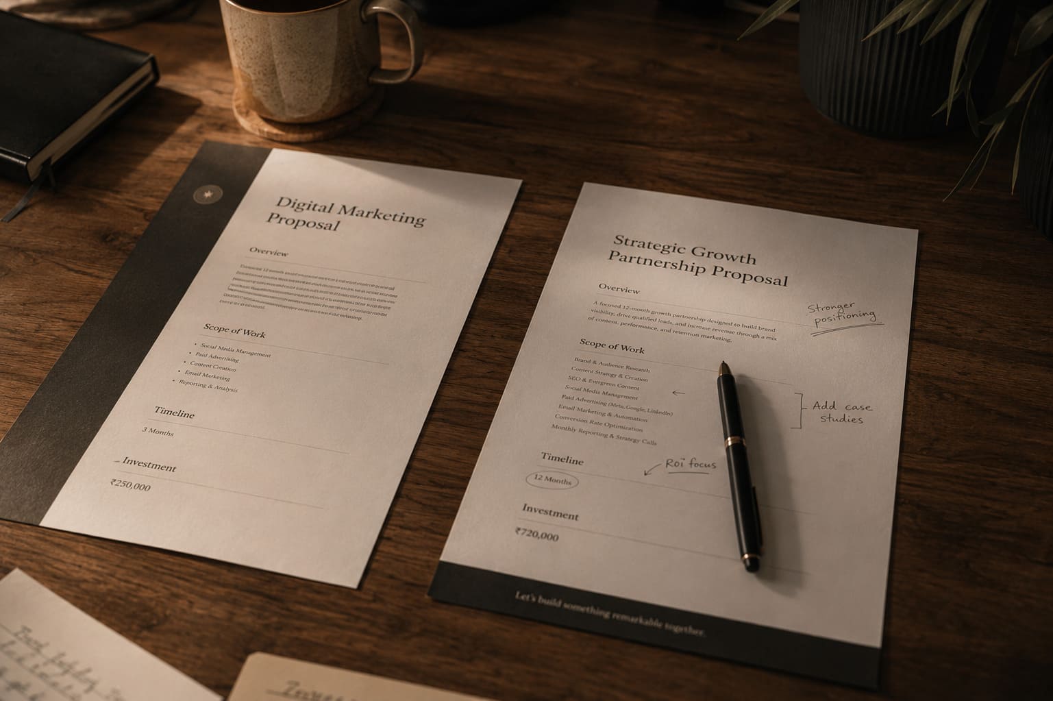 Two agency proposal documents laid side by side on a desk, illustrating how similar-looking quotes can cover completely different scopes