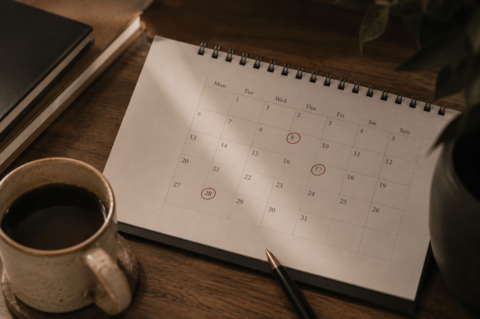 A desk calendar with several dates circled, representing the multi-month runway digital marketing needs before results are measurable