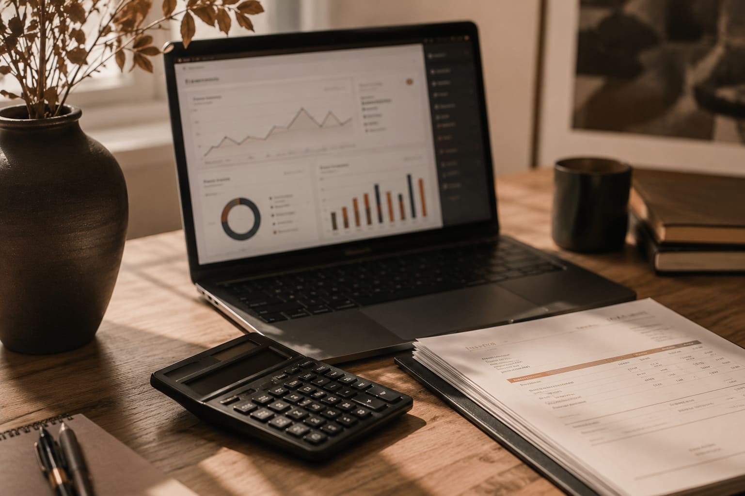 A calculator and laptop dashboard on a desk, representing the true cost breakdown of hiring a digital marketing agency in India