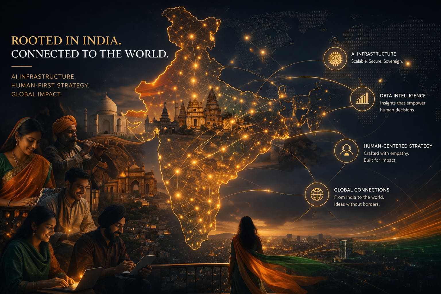 A conceptual blend of digital networking overlaying the cultural and diverse landscape of India