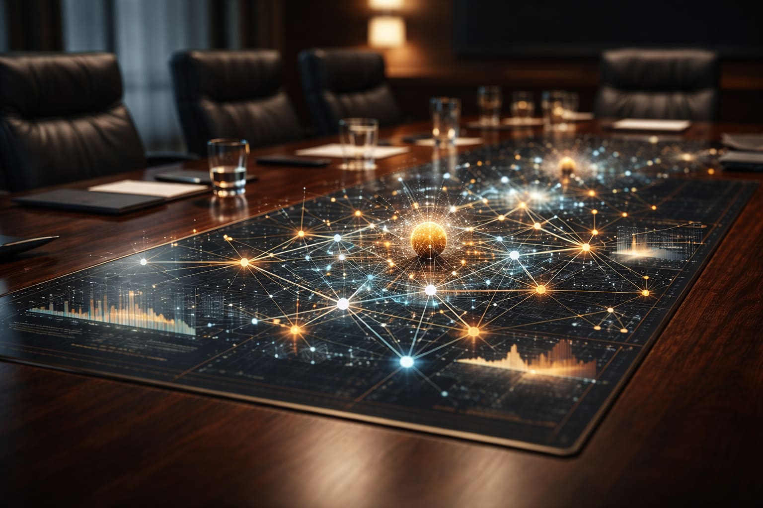 A high-end corporate boardroom table with digital data projections
