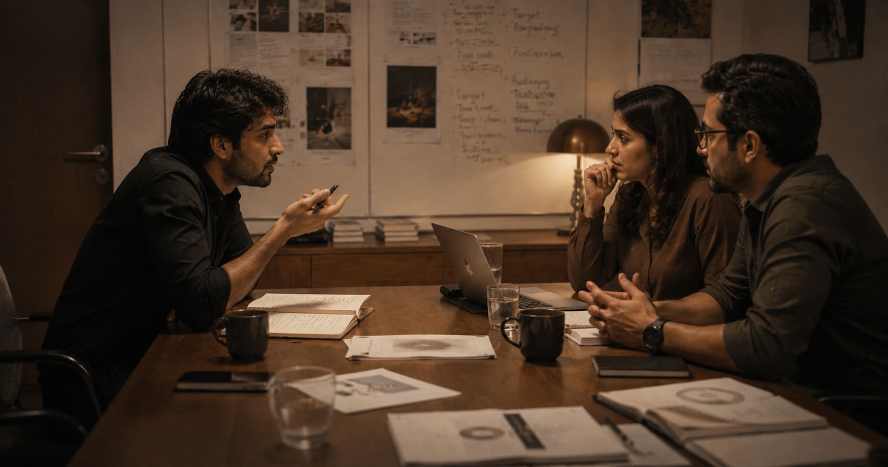 A founder asking pointed questions during an agency pitch meeting — the right questions determine whether the relationship will work