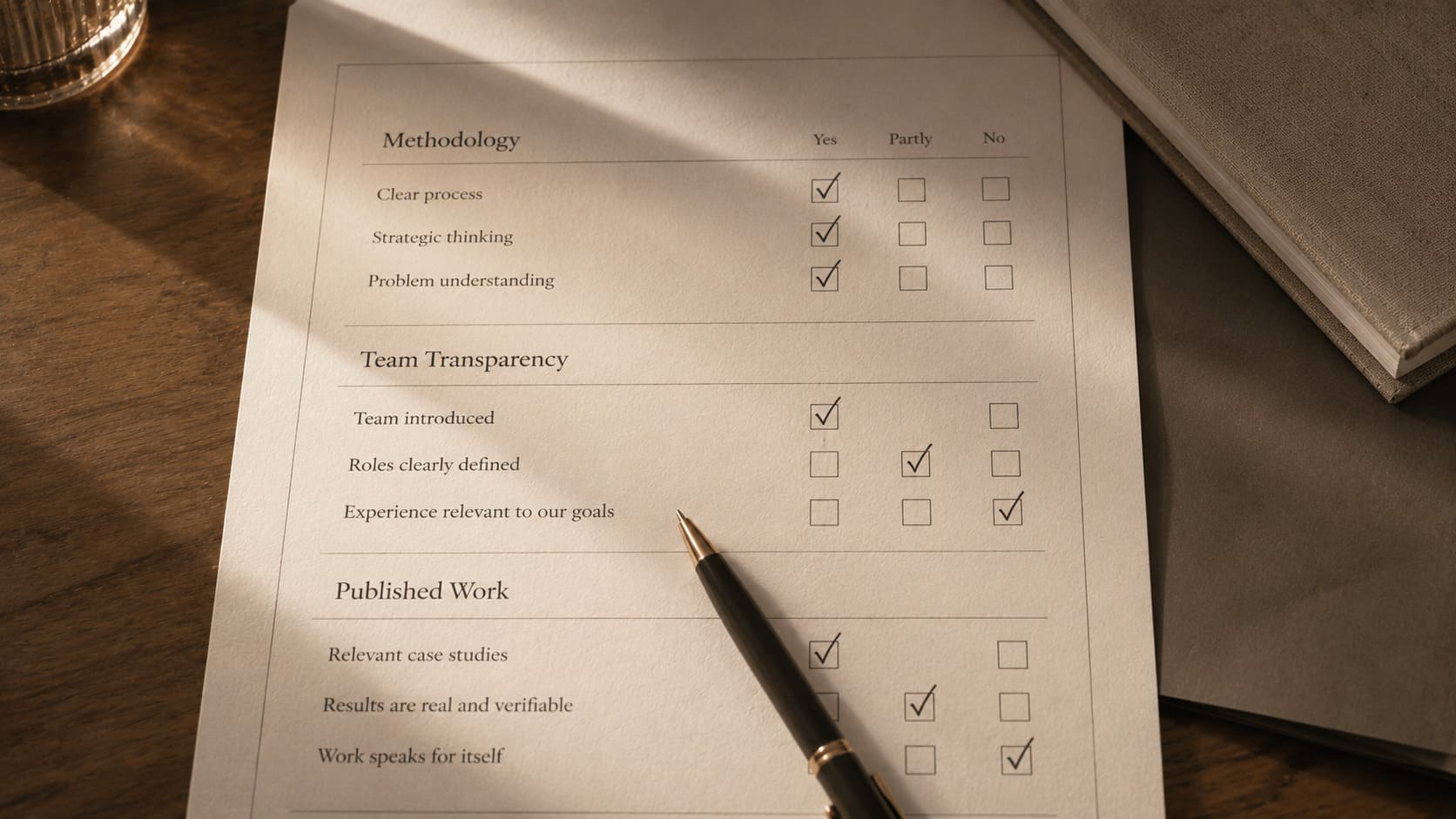 A checklist of agency evaluation criteria — methodology, team transparency, measurable commitments, and published work