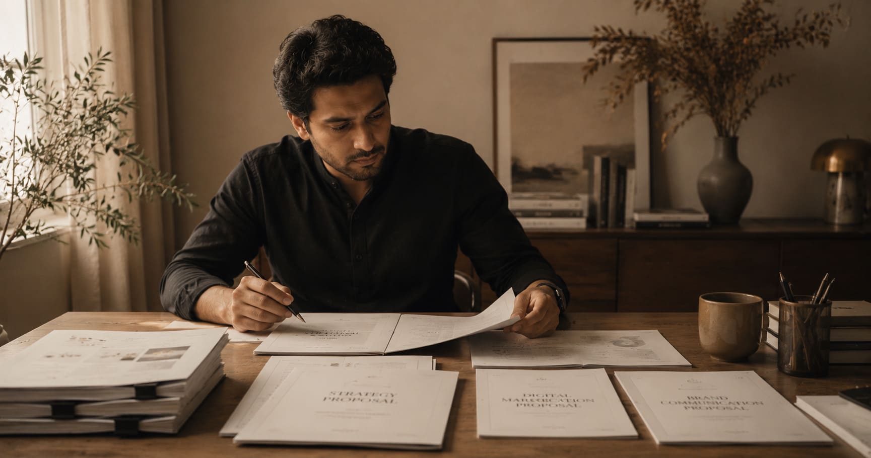 A founder reviewing agency proposals at a desk — representing the careful process of evaluating a digital marketing partner in India