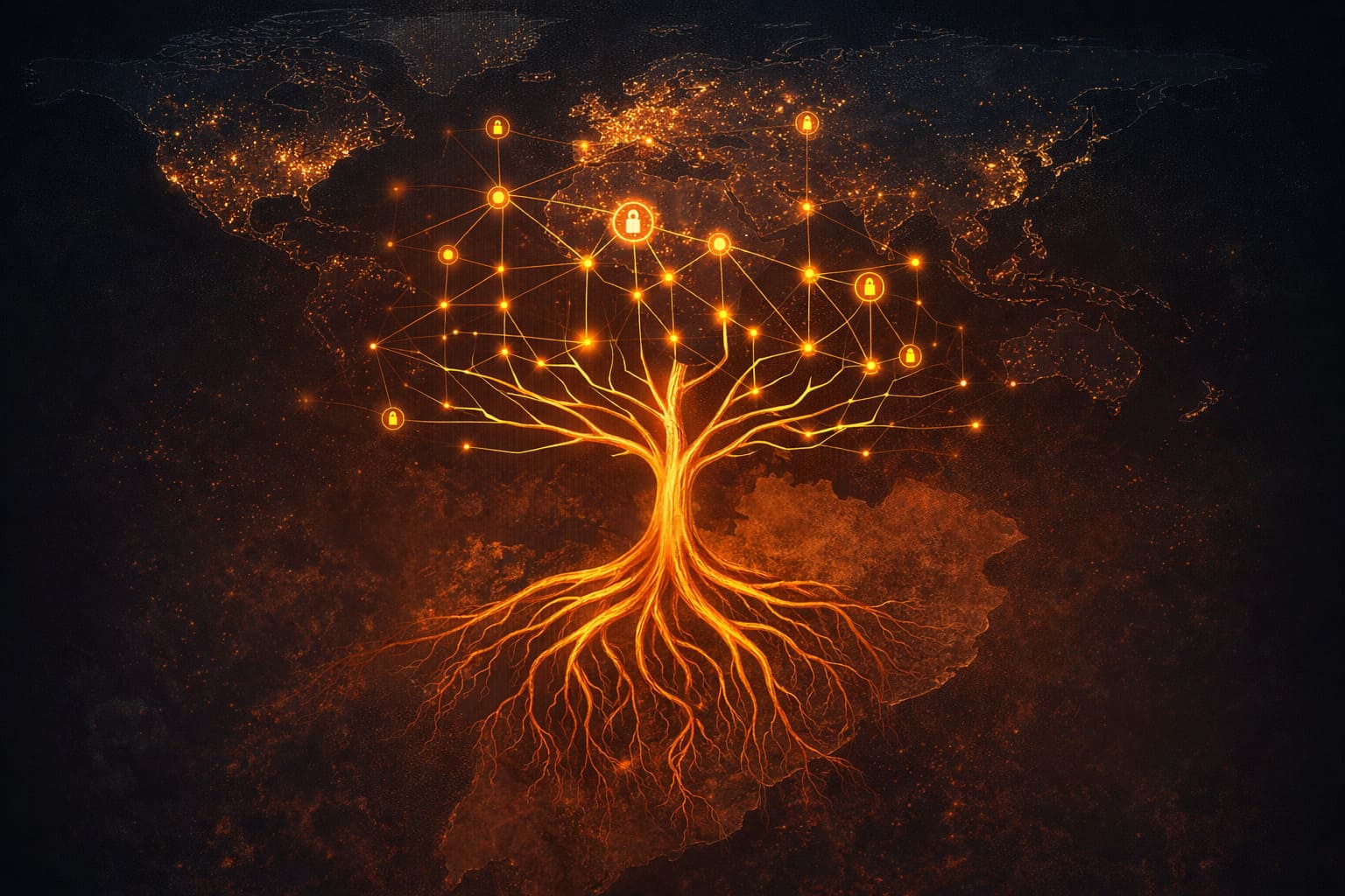 A network graphic showing authentic local roots branching out securely into modern global digital touchpoints