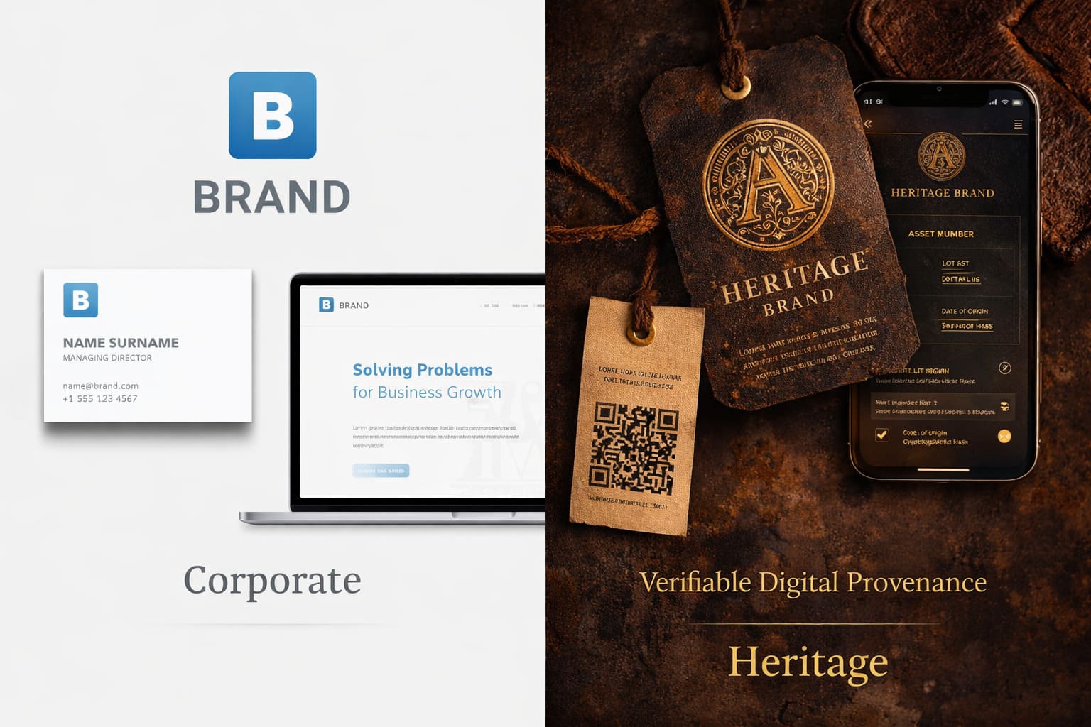 A visual demonstrating the difference between a sanitized corporate brand identity versus a rich, textured heritage brand identity