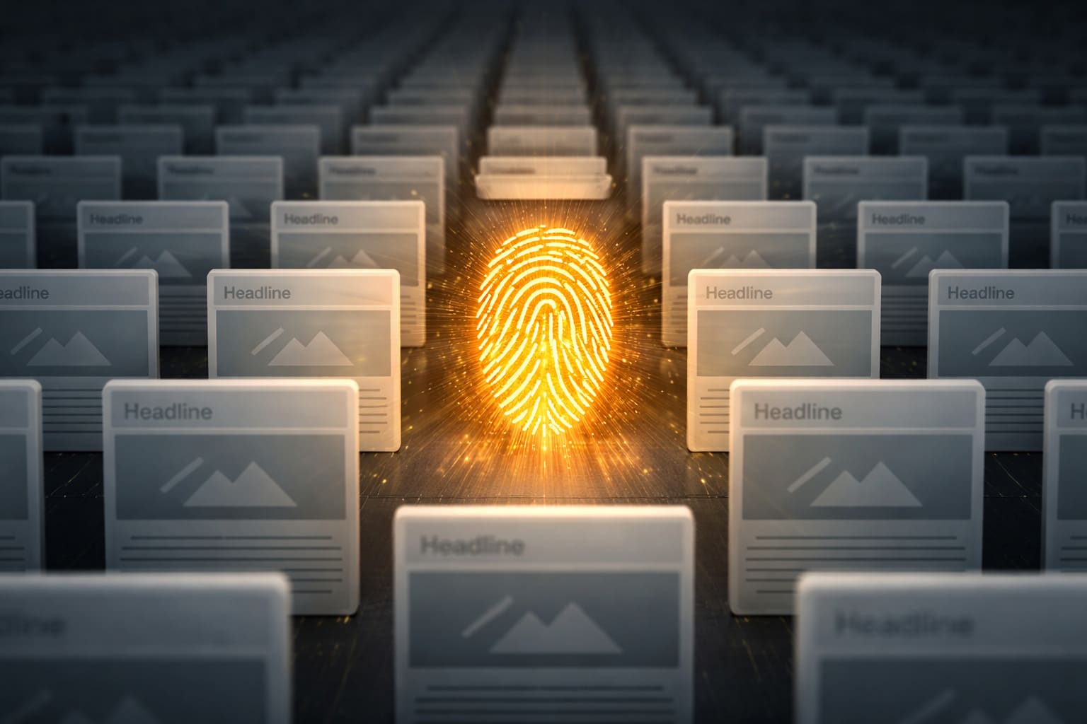 A conceptual visual representation of the sea of sameness in digital content contrasted by a distinct human fingerprint