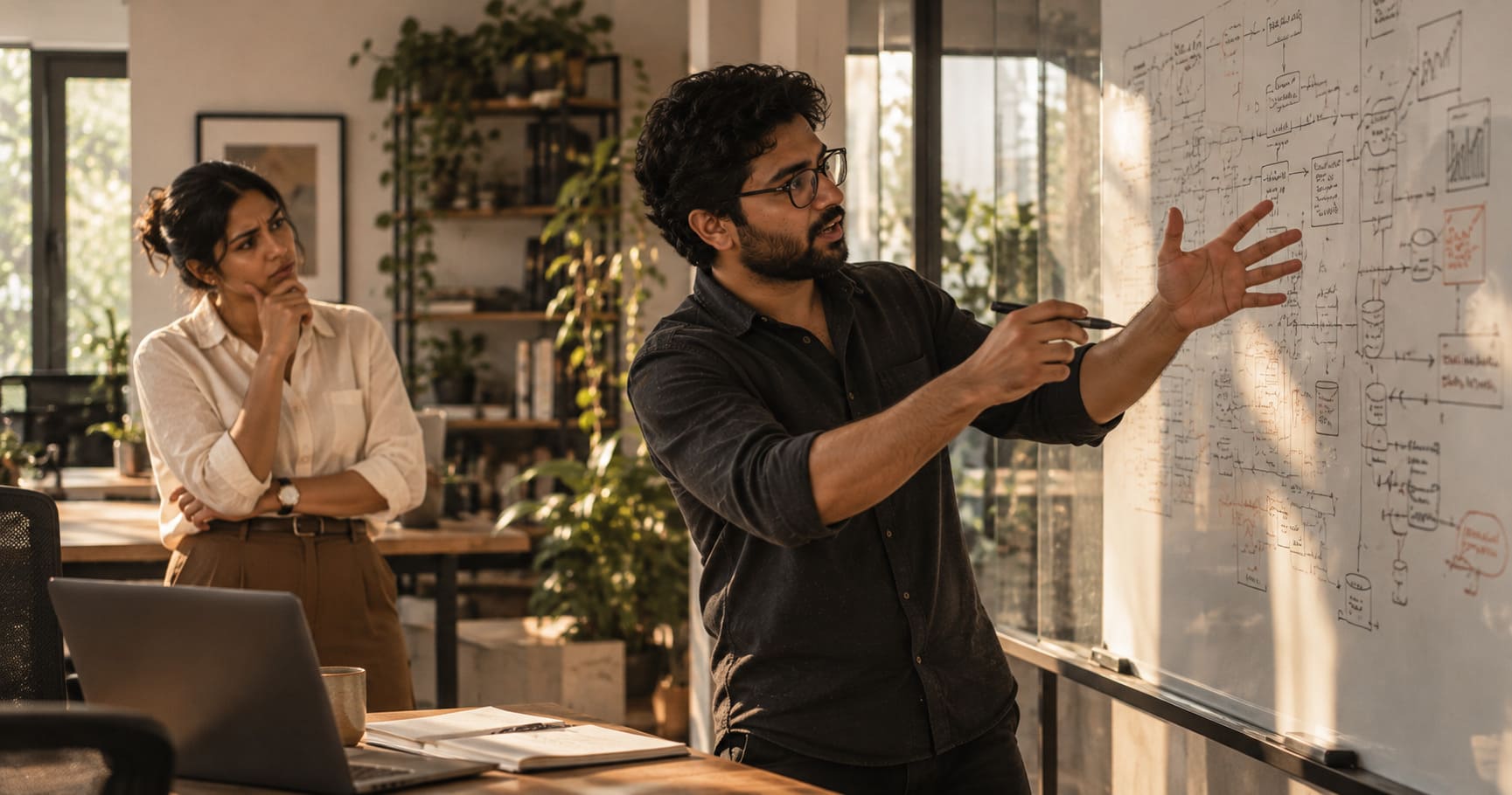 An expert explaining a technical idea to a colleague from another department, the listener looking puzzled, illustrating the gap between specialist knowledge and audience understanding