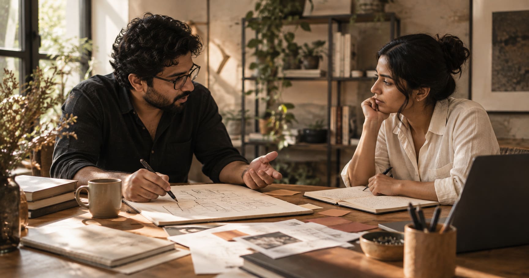 A subject matter expert and a content editor in conversation over notes, illustrating how editorial thinking turns expert knowledge into clear content