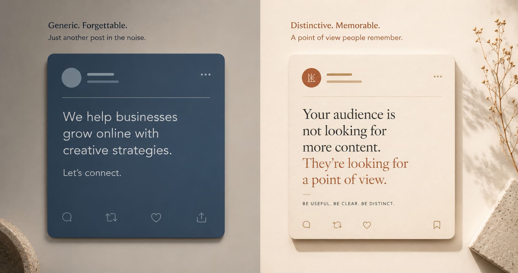 Side-by-side comparison of generic brand content versus specific, opinionated brand content — illustrating the difference brand voice makes