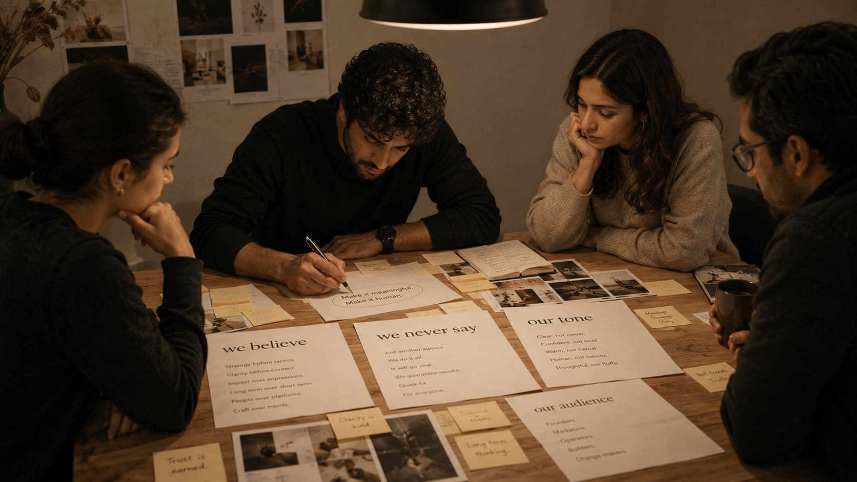 A content team working through a brand voice workshop — defining positions, vocabulary, and editorial standards